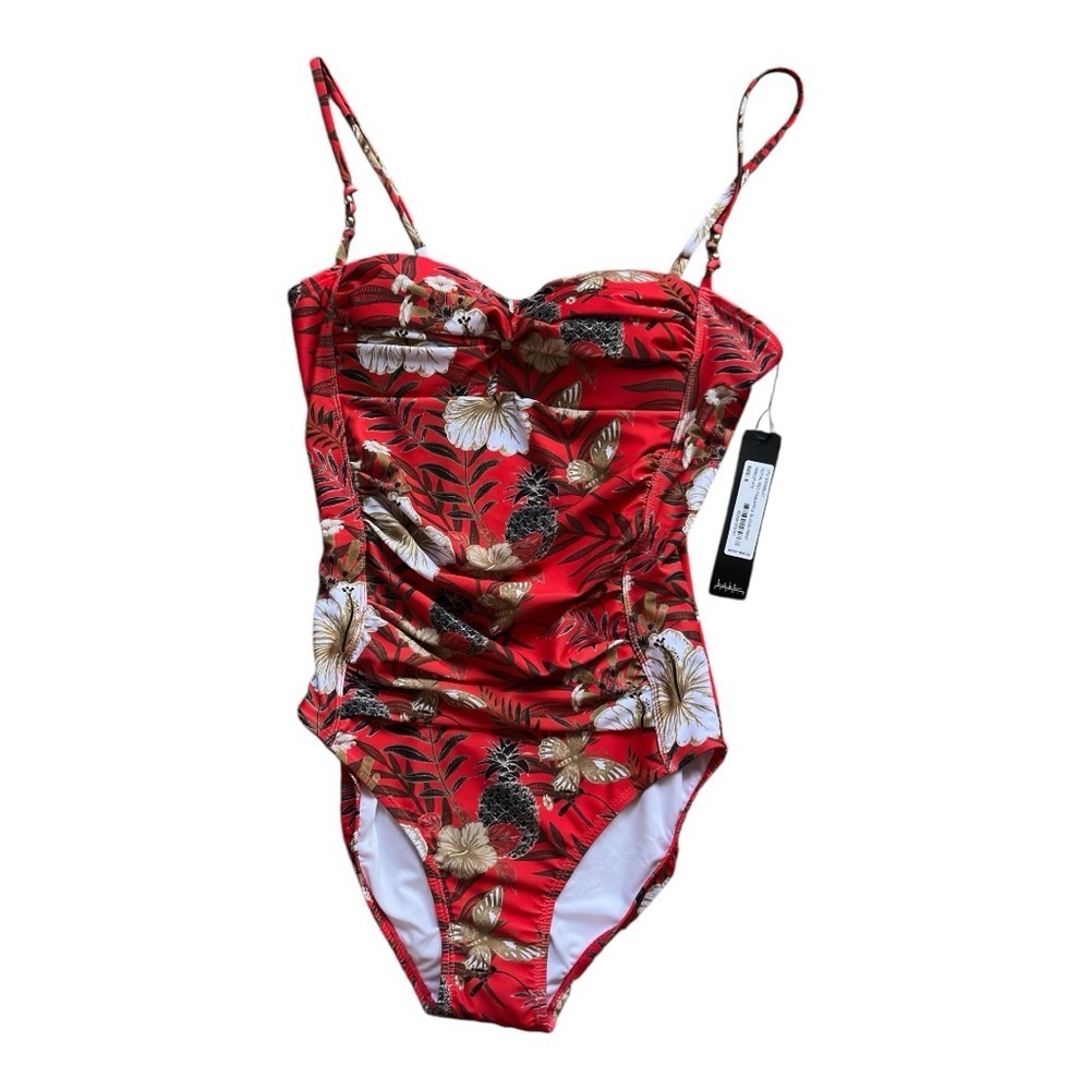 Nicole Miller Royal Red Pineapple Bloom Print One Piece Swimsuit MSRP 98.00